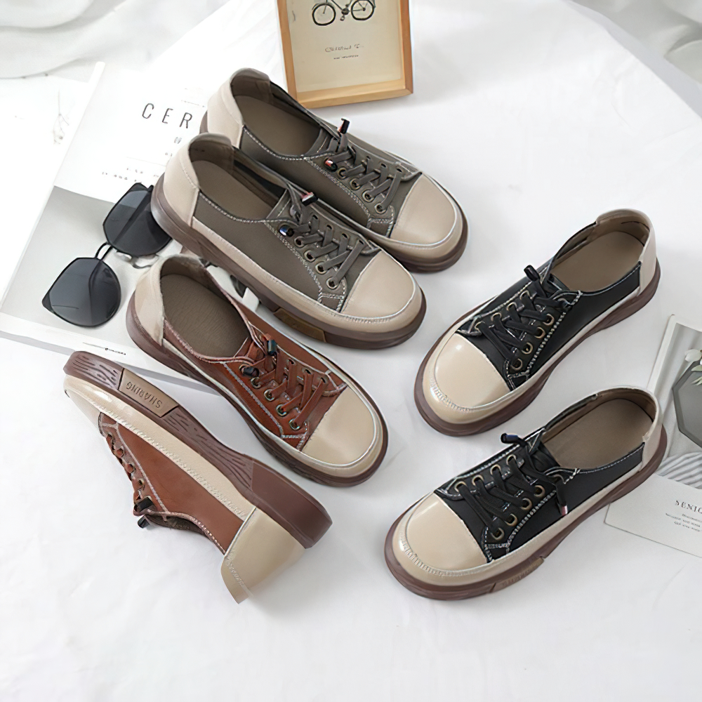 Stylish ladies genuine leather sneakers in brown, black, and taupe for casual fashion and comfort.