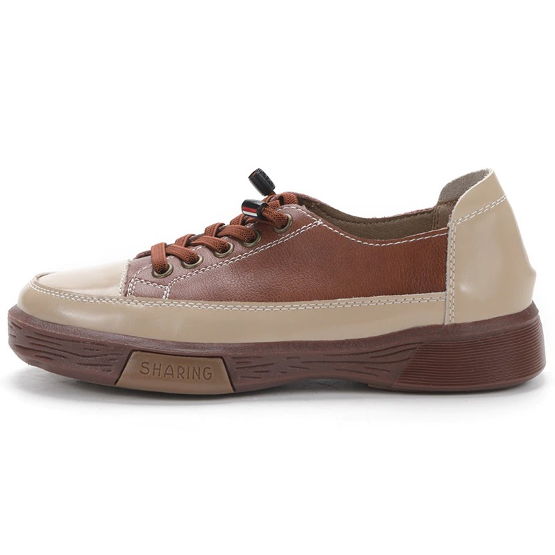 Stylish ladies genuine leather sneakers in beige and brown, perfect for casual fashion and all-day comfort.