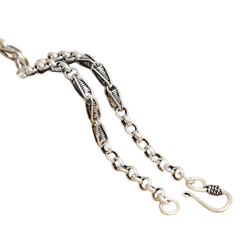 Stylish unisex sterling silver chain necklace featuring a unique link design and secure clasp.