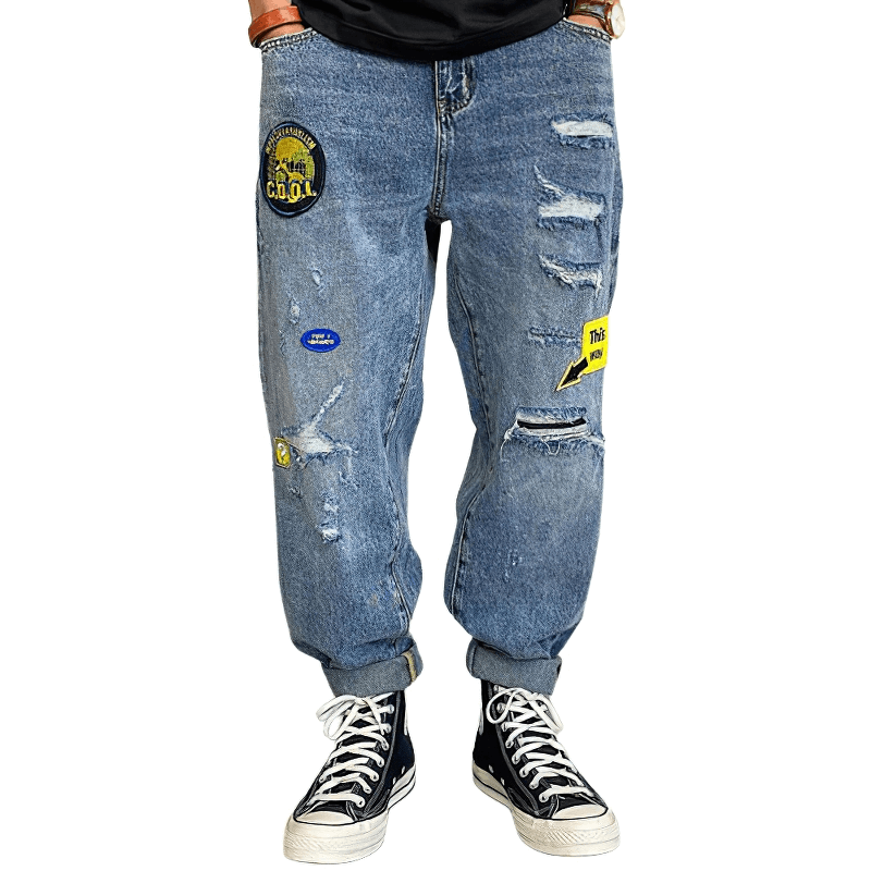 Stylish Loose Ripped Jeans with Badges / Casual Blue Denim Straight Pants / Alternative Fashion