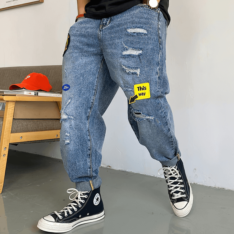 Stylish Loose Ripped Jeans with Badges / Casual Blue Denim Straight Pants / Alternative Fashion