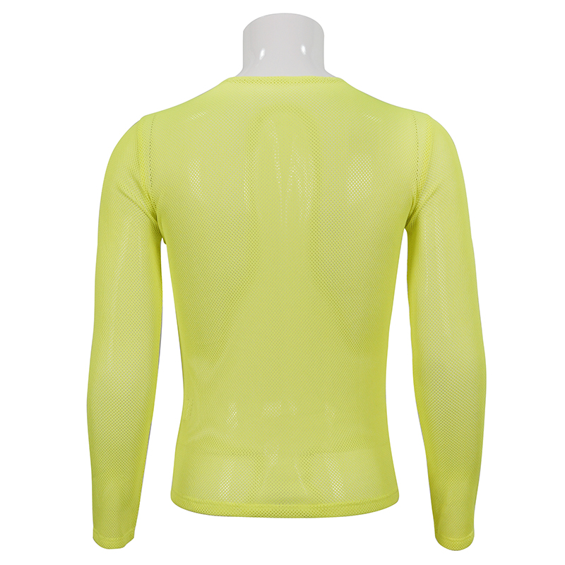 Back view of stylish men's fluorescent yellow mesh long sleeve top, showcasing its breathable fabric and trendy design.