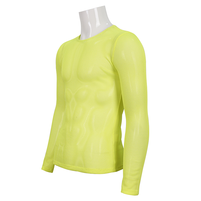 Stylish men's yellow long sleeve mesh top showcasing alternative fashion and comfortable fabric design.