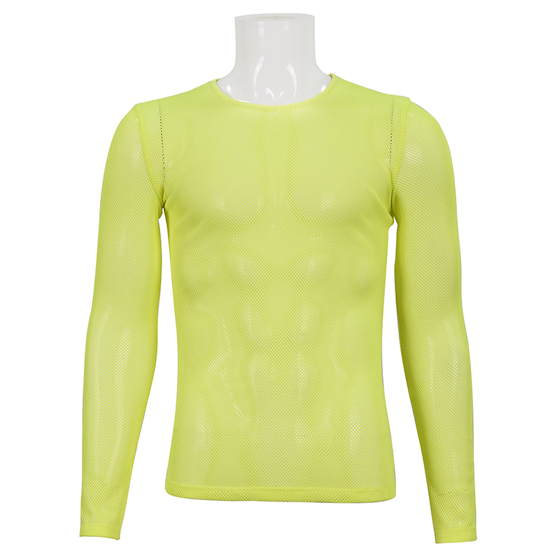 Stylish men's fluorescent yellow long sleeve mesh top, perfect for alternative fashion lovers.