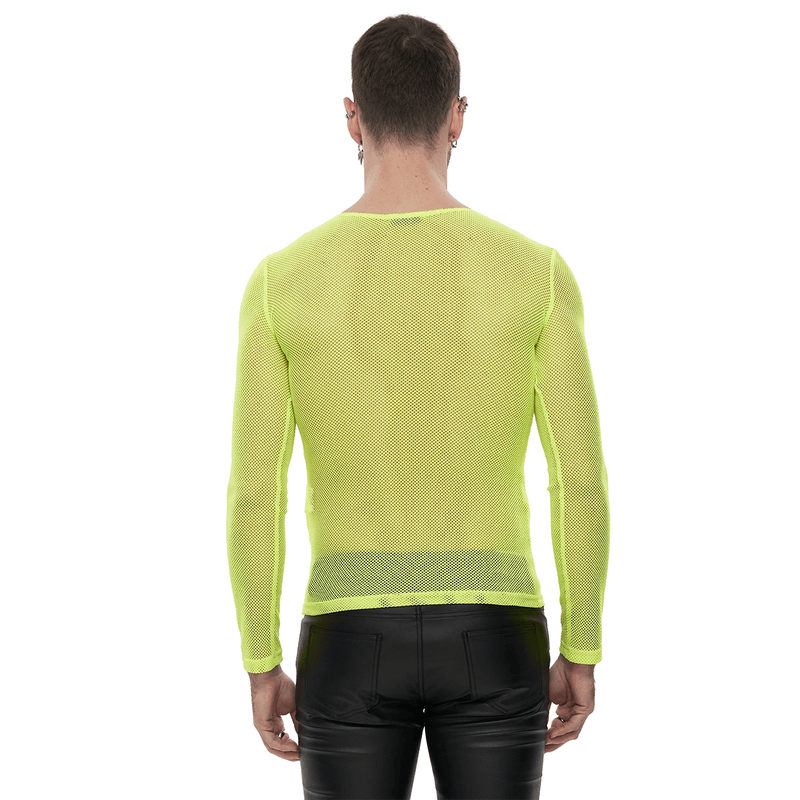 Stylish male model wearing a fluorescent yellow long sleeve mesh top, showcasing alternative style clothing from the back.
