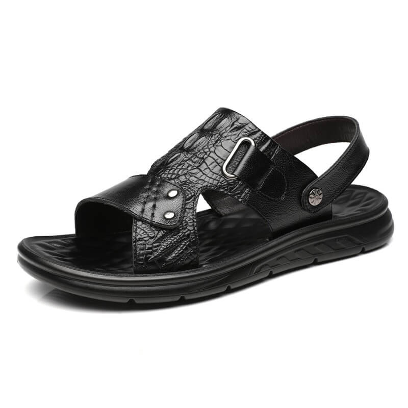 Stylish men's genuine leather sandals with strap buckle, perfect for urban casual wear.