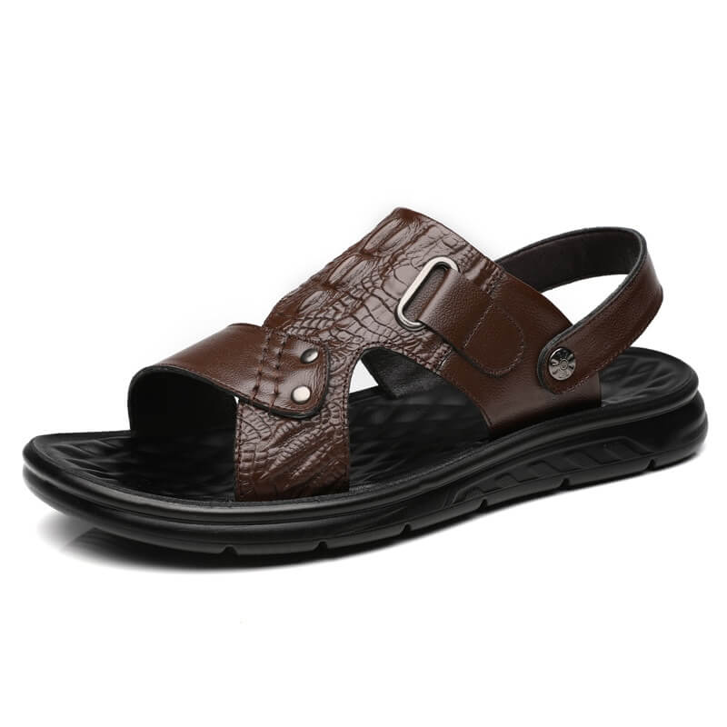 Stylish brown men's genuine leather sandals with strap buckle, perfect for casual summer wear.