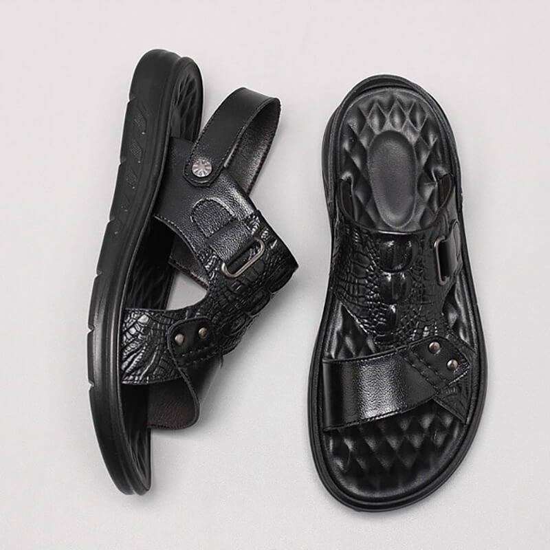 Stylish black men's genuine leather sandals with strap buckle and lightweight design for casual comfort.