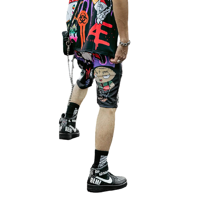 Stylish men's shorts with colorful cartoon graffiti print, perfect for casual wear and everyday comfort.