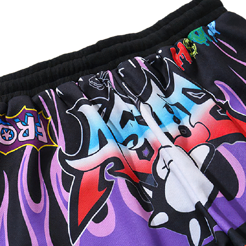 Stylish men's shorts with vibrant cartoon graffiti print and loose fit, perfect for casual wear.