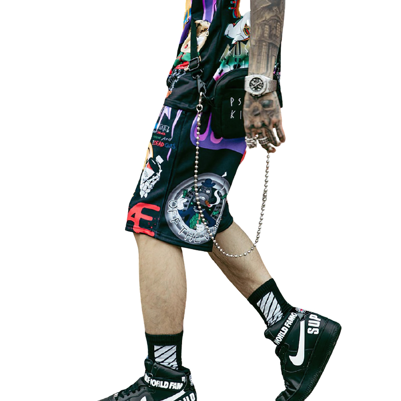 Stylish men's loose shorts with vibrant cartoon graffiti print, perfect for casual wear.