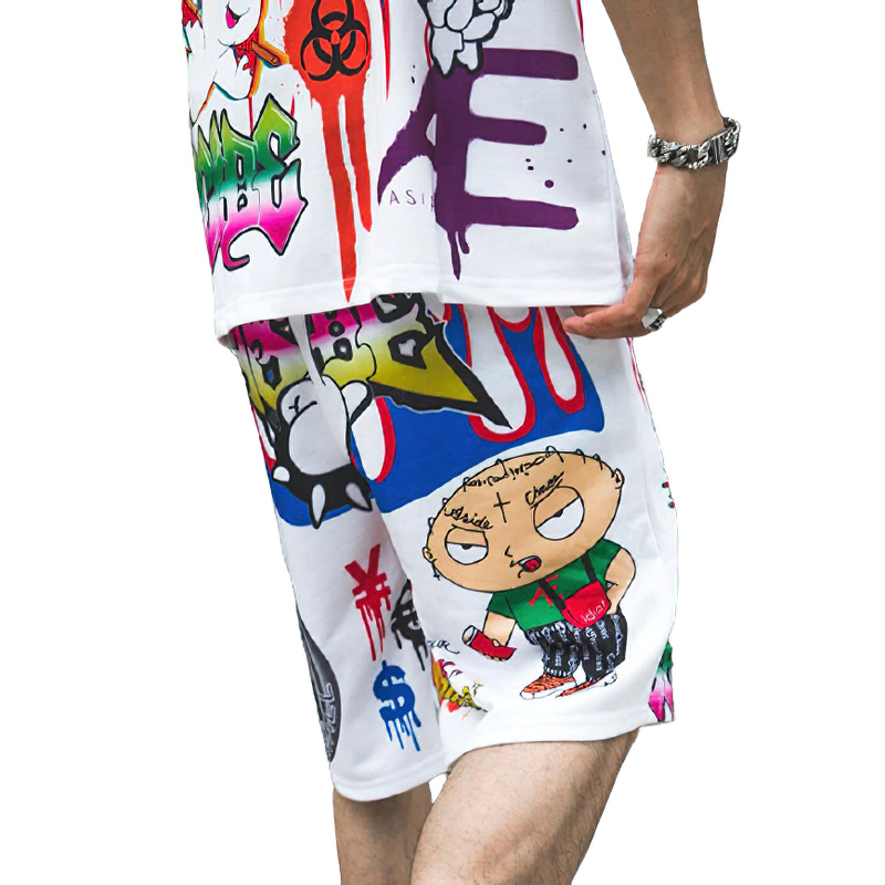 Stylish men's loose shorts with bright cartoon graffiti print, perfect for casual everyday wear.