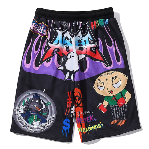Stylish Men's Shorts With Cartoon Graffiti / Bright Cool Print / Short Sweatpants
