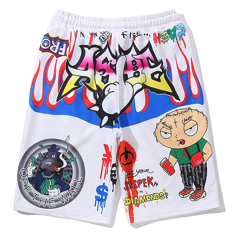 Stylish men's shorts featuring vibrant graffiti print and cartoon designs, ideal for casual summer wear.