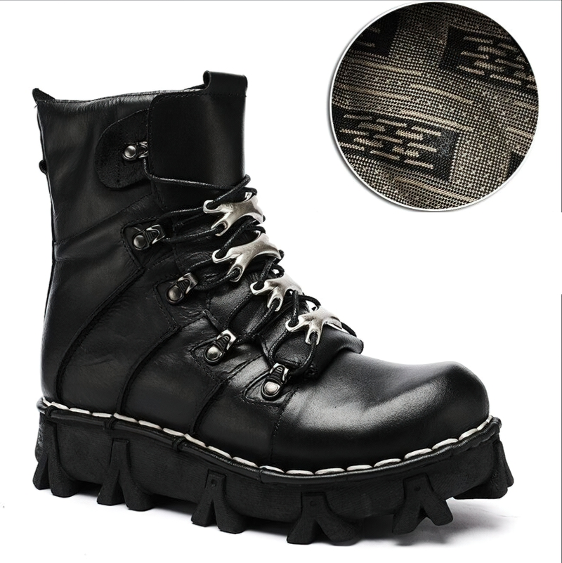 Stylish men's genuine leather motorcycle boots with massive tractor soles and detailed lacing, perfect for gothic fashion.