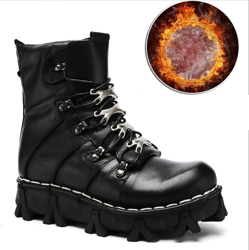 Men's stylish genuine leather motorcycle boots with massive tractor soles and cool design.