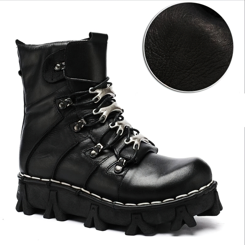 Stylish men's motorcycle boots made of genuine leather with unique tractor soles and intricate lace design.