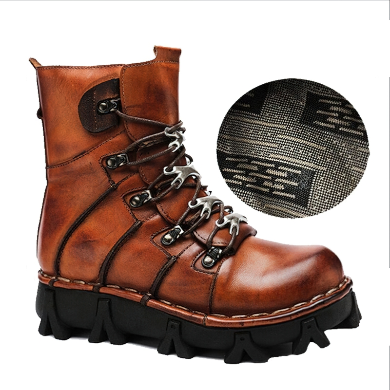 Stylish men's genuine leather ankle motorcycle boots with heavy tractor soles.