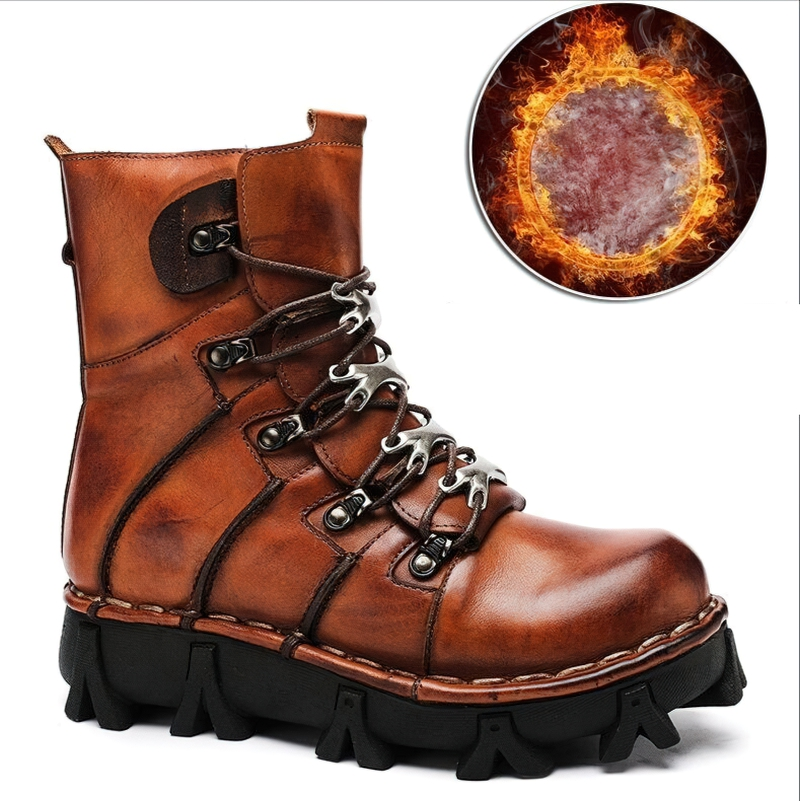 Stylish brown genuine leather motorcycle boots for men with unique tractor soles and eye-catching design.
