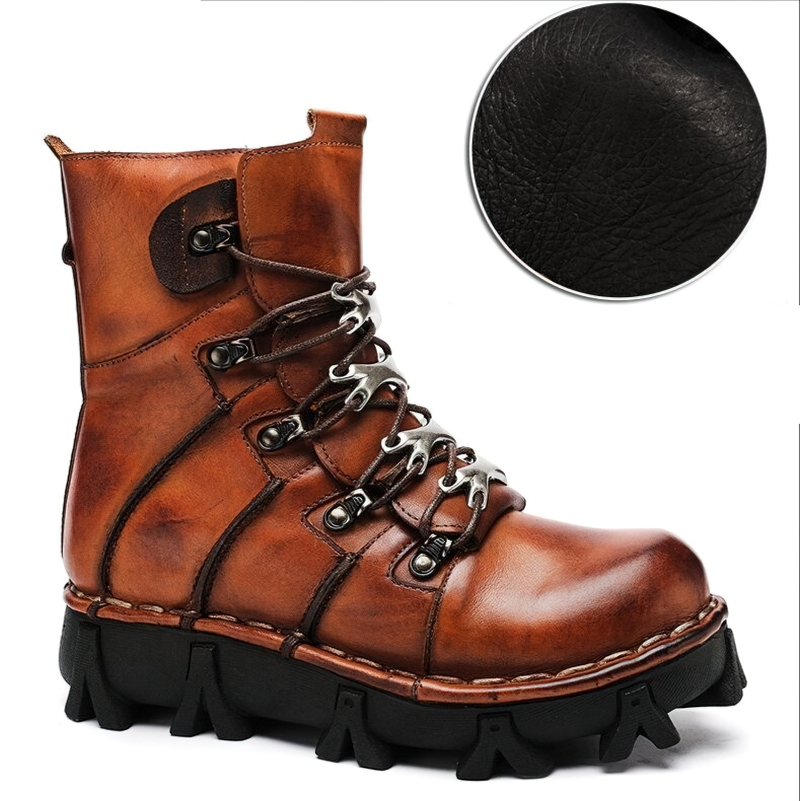 Stylish men's genuine leather motorcycle boots with tractor soles in brown, perfect for comfort and fashion.