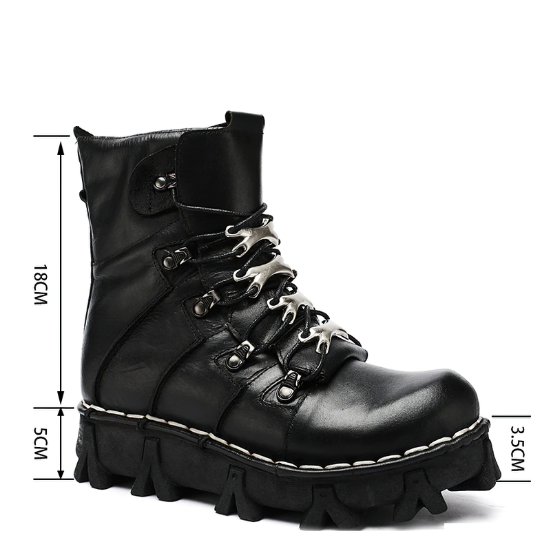Stylish black men's genuine leather motorcycle boots with tractor soles, measuring 18cm high and 5cm wide.