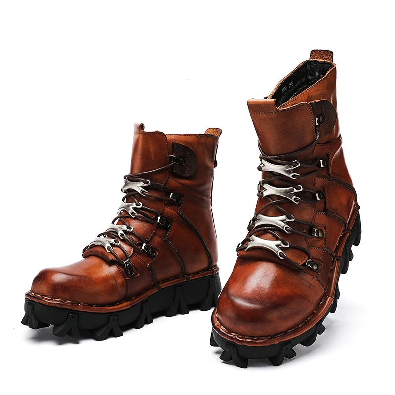 Stylish genuine leather motorcycle boots for men with tractor soles, perfect for gothic fashion and comfort.