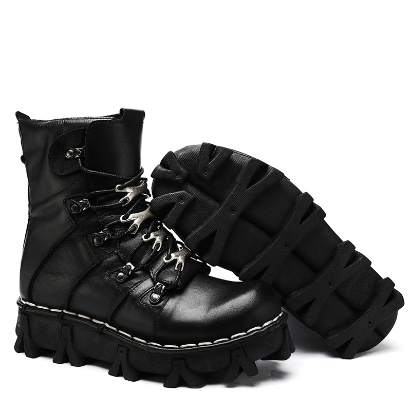 Men's stylish black motorcycle boots made of genuine leather with unique tractor soles for ultimate comfort.