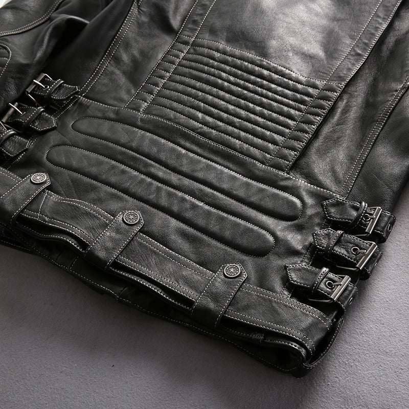 Stylish multi-pocket leather motorcycle jacket featuring zippers and buckles, perfect for biker enthusiasts.