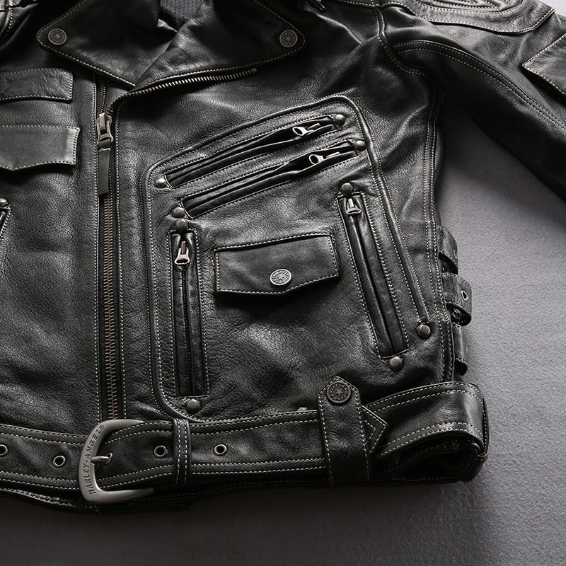 Stylish multi-pocket genuine leather motorcycle jacket in black, featuring zippers and a belt for biker enthusiasts.