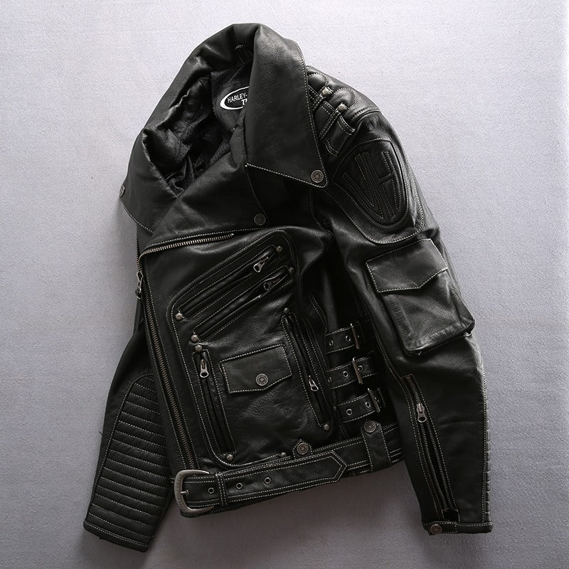 Stylish Multi-Pocket Genuine Leather Motorcycle Jacket / Superior Men's Rider Clothing With Belt - HARD'N'HEAVY