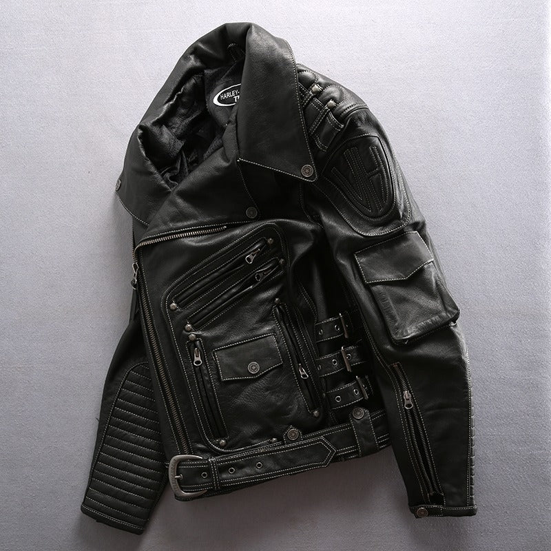 Stylish multi-pocket genuine leather motorcycle jacket, perfect for bikers, featuring zippers and a classic design.