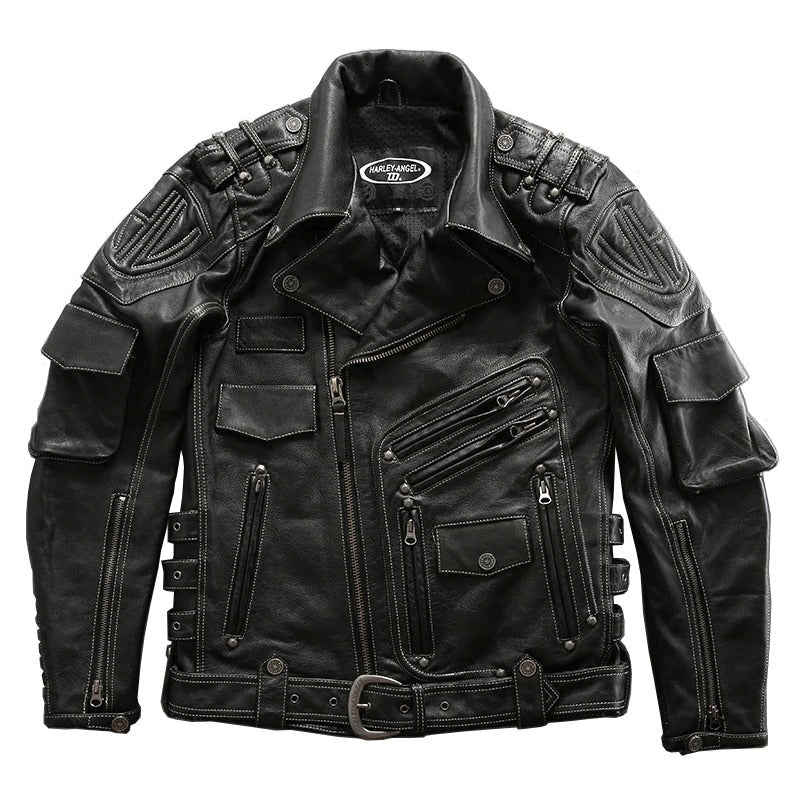 Stylish Multi-Pocket Genuine Leather Motorcycle Jacket / Superior Men's Rider Clothing With Belt - HARD'N'HEAVY