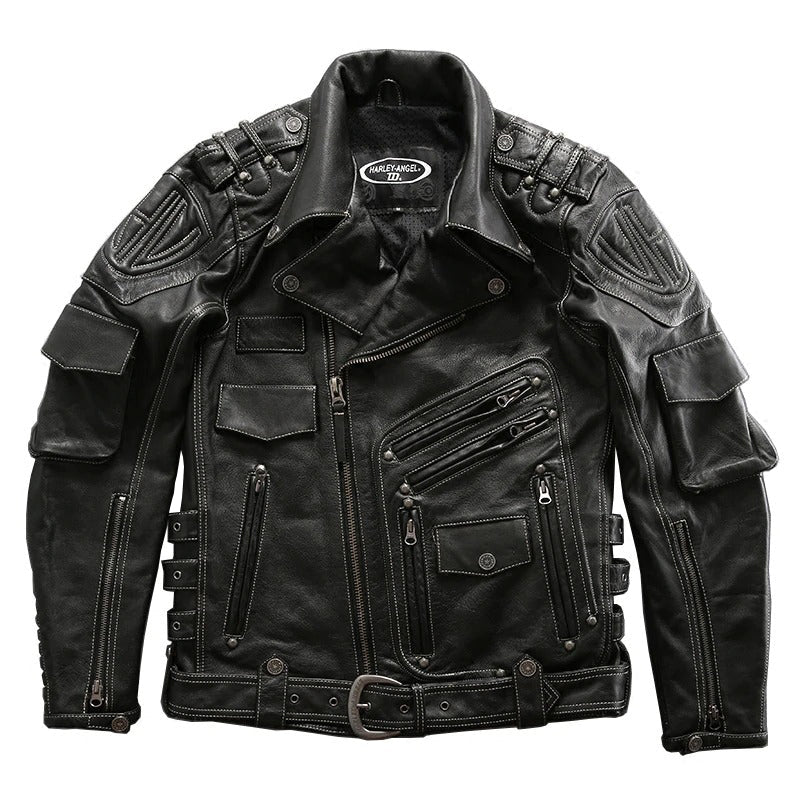 Stylish multi-pocket genuine leather motorcycle jacket with zippers and iron rivets for men.