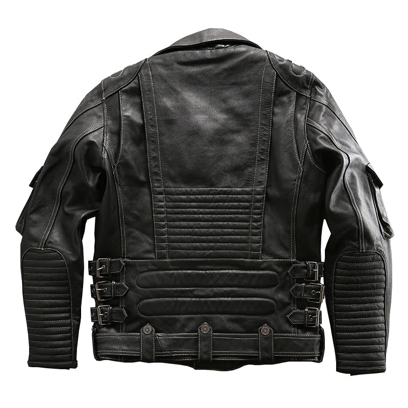 Back view of a stylish black multi-pocket genuine leather motorcycle jacket for men.