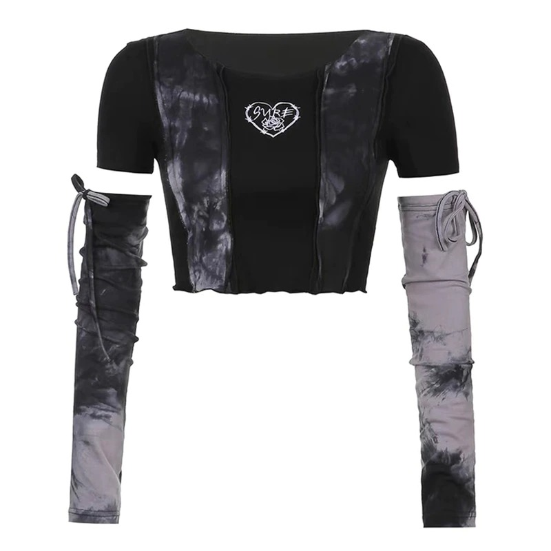 Stylish women's gothic punk crop top with detachable sleeves and heart print, perfect for a trendy look.