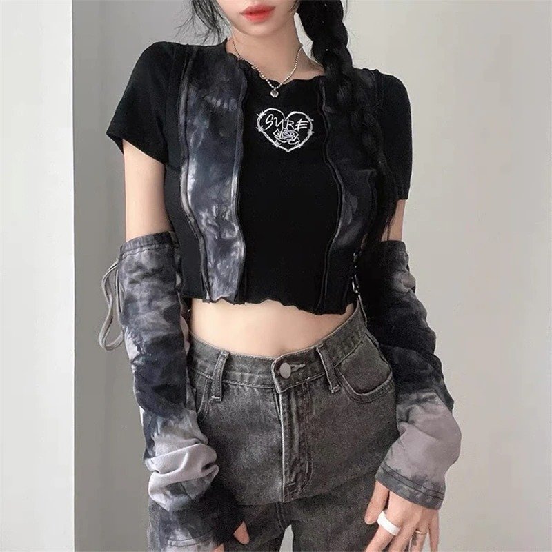 Stylish women's gothic punk crop top with detachable sleeves, showcasing a trendy design and cropped cut for a bold look.