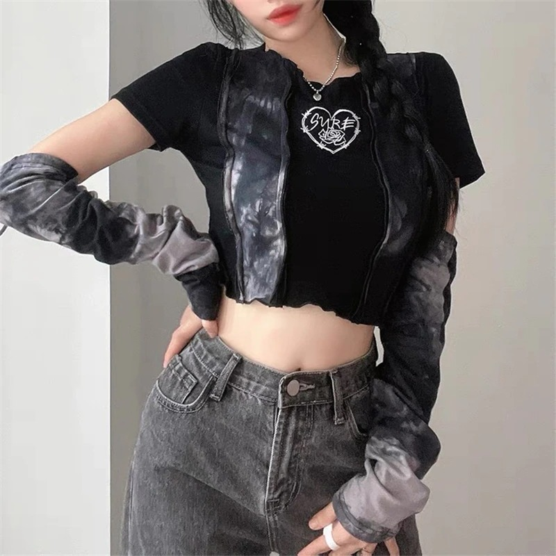 Stylish O-Neck Crop Top For Women / Gothic Punk Style Short Top Detached Sleeves - HARD'N'HEAVY