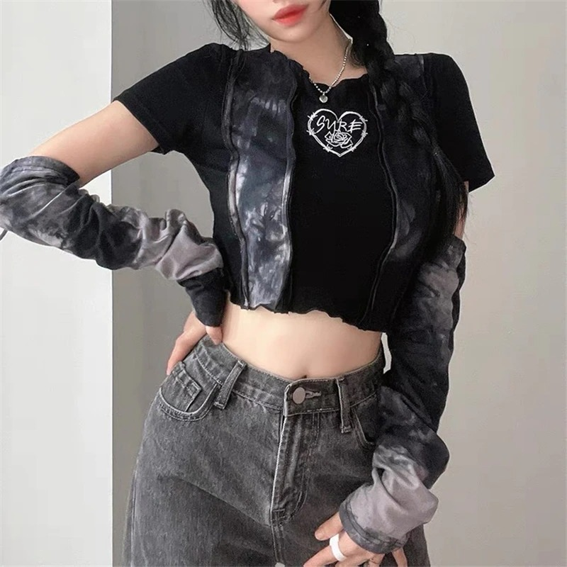 Gothic punk women's crop top with detachable sleeves and stylish print, perfect for a trendy look.