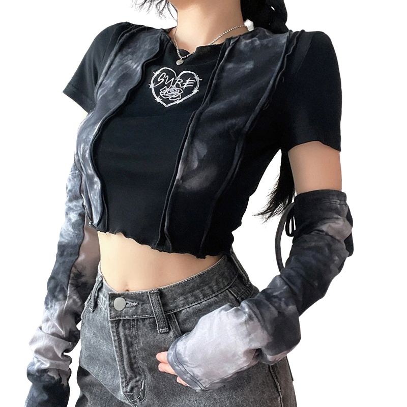 Stylish O-Neck Crop Top For Women / Gothic Punk Style Short Top Detached Sleeves - HARD'N'HEAVY