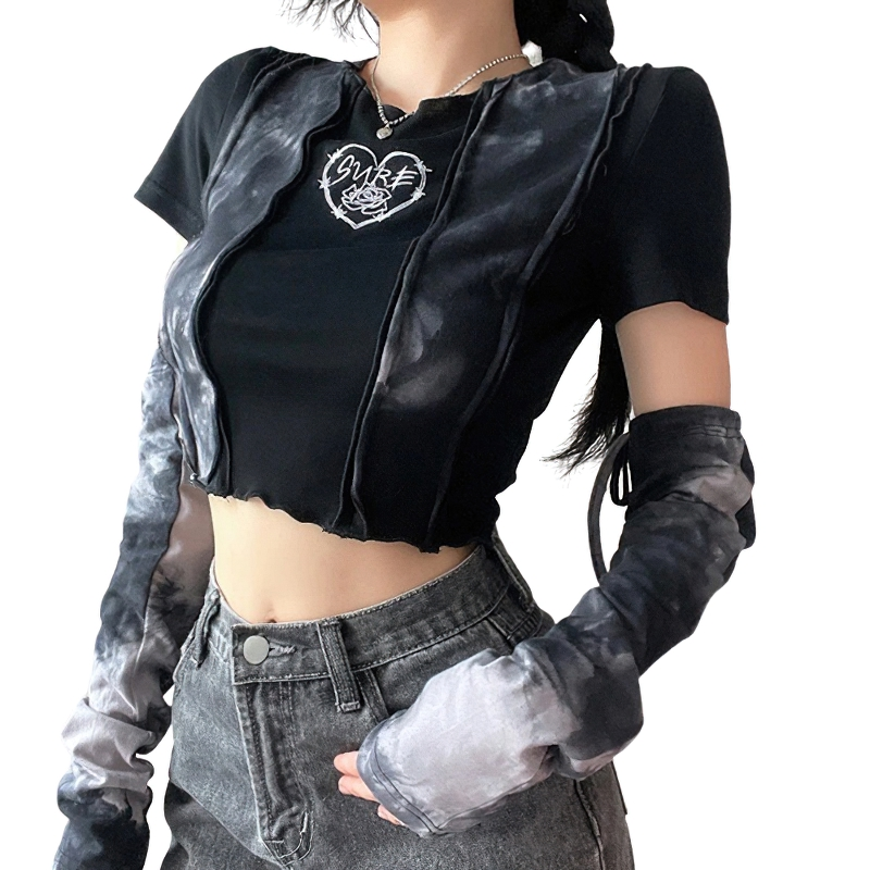 Stylish women's crop top with detachable sleeves in punk style, showcasing a trendy design and stylish print.