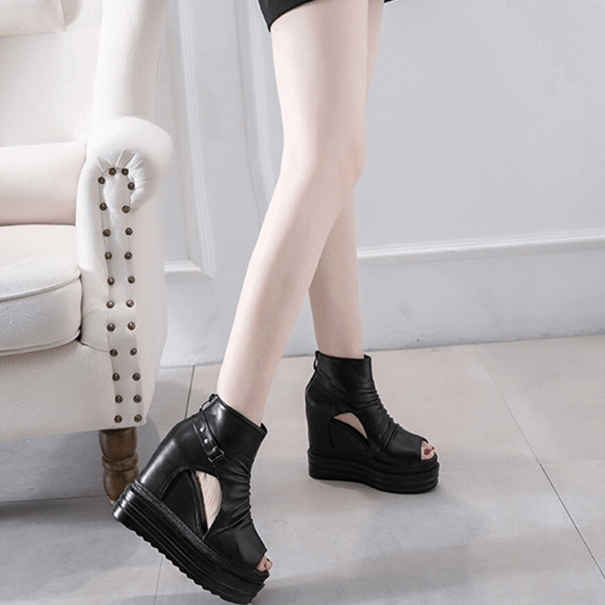 Stylish Open Toe Ankle Boots for Women / Fashion Hollow Out Black Wedge Sandals - HARD'N'HEAVY