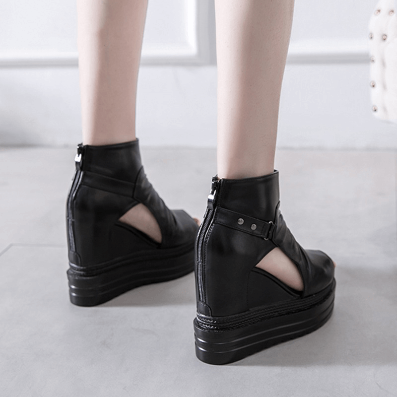 Stylish black open toe ankle boots for women featuring a wedge design and hollow out details, perfect for casual outfits.