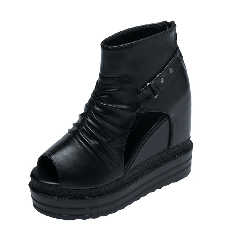 Stylish black open toe ankle boots for women with wedge heel and elegant design, perfect for casual fashion.