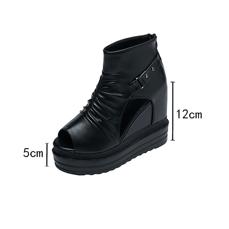 Stylish black open toe ankle boots for women with wedge design, perfect for casual fashion.