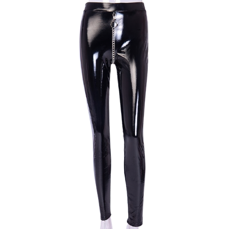 Stylish Pants Of PU Leather For Women / Ladies Leggings With Metal Chain - HARD'N'HEAVY