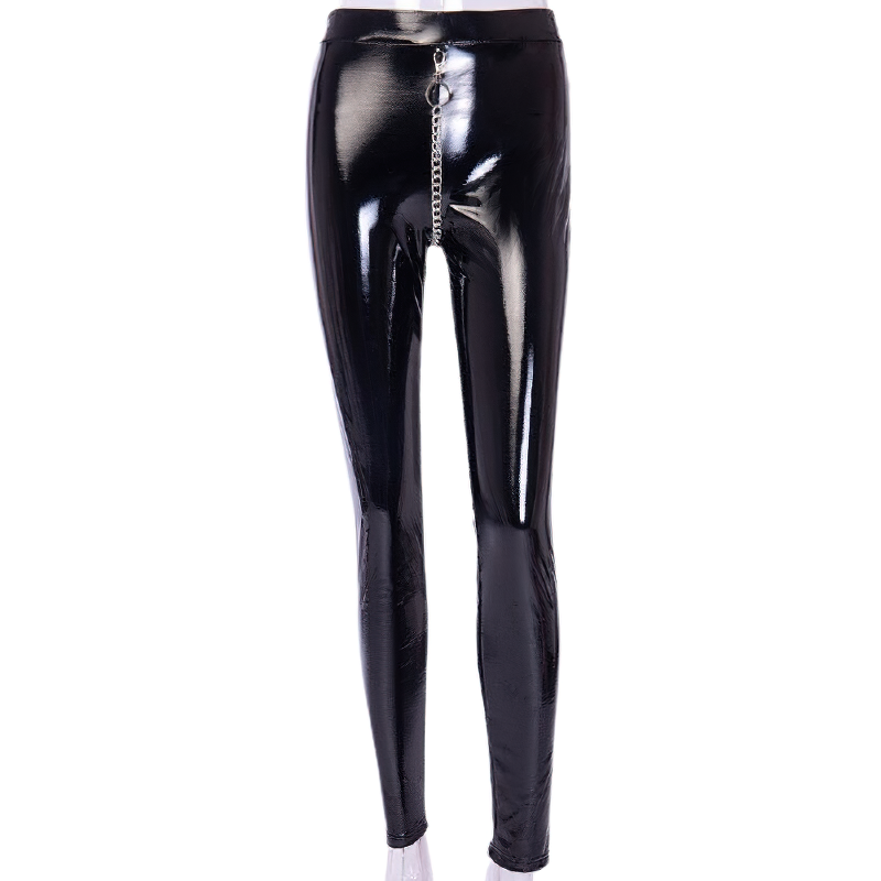 Stylish women's black PU leather pants with a shiny finish and silver metal chain detail.