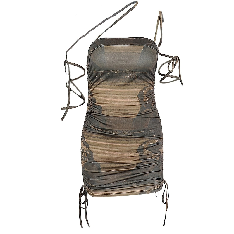 Stylish women's army print one-shoulder mini dress with drawstring for a casual trendy look.