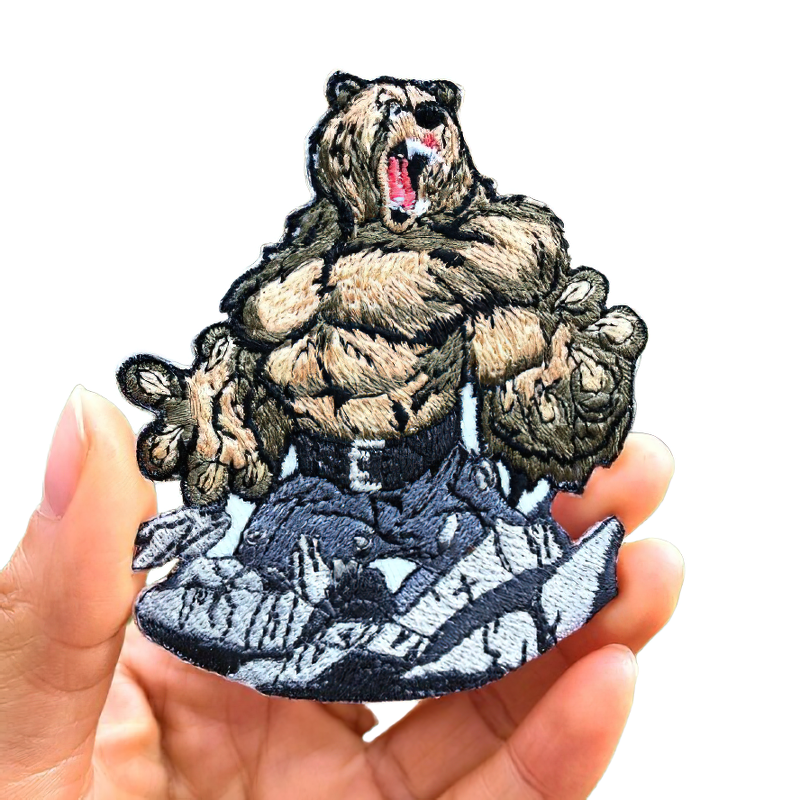 Unisex patch featuring a muscular angry bear, perfect for stylish alternative fashion on clothing.