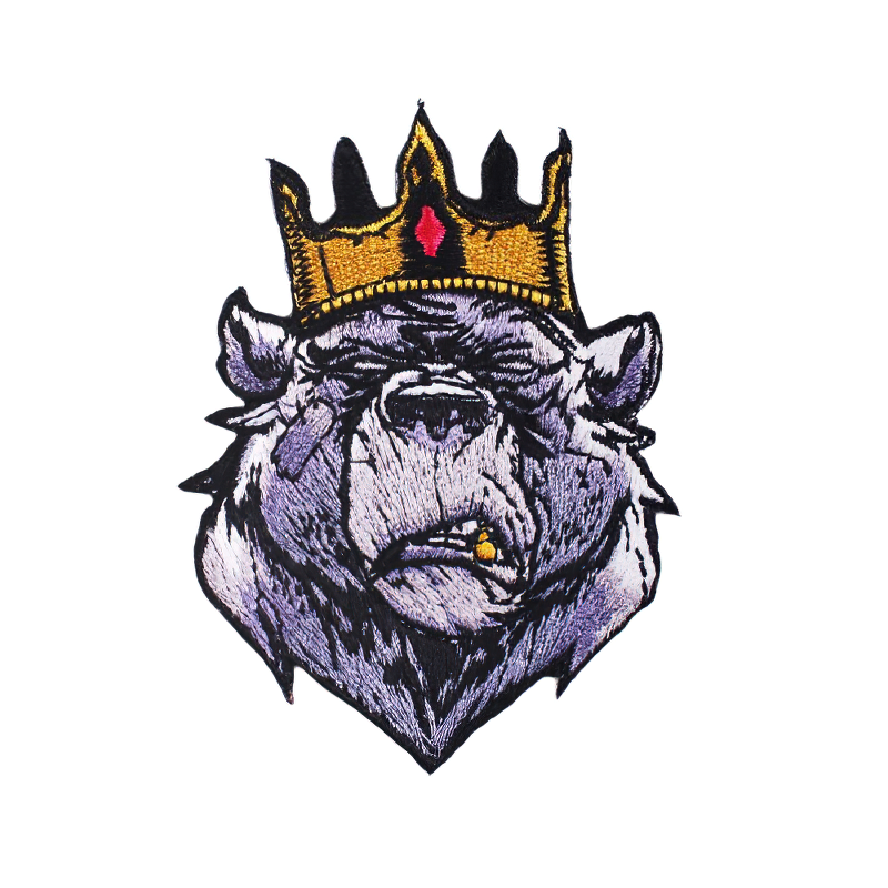 Unisex bear in a crown patch, vibrant gothic accessory for rock style clothing.