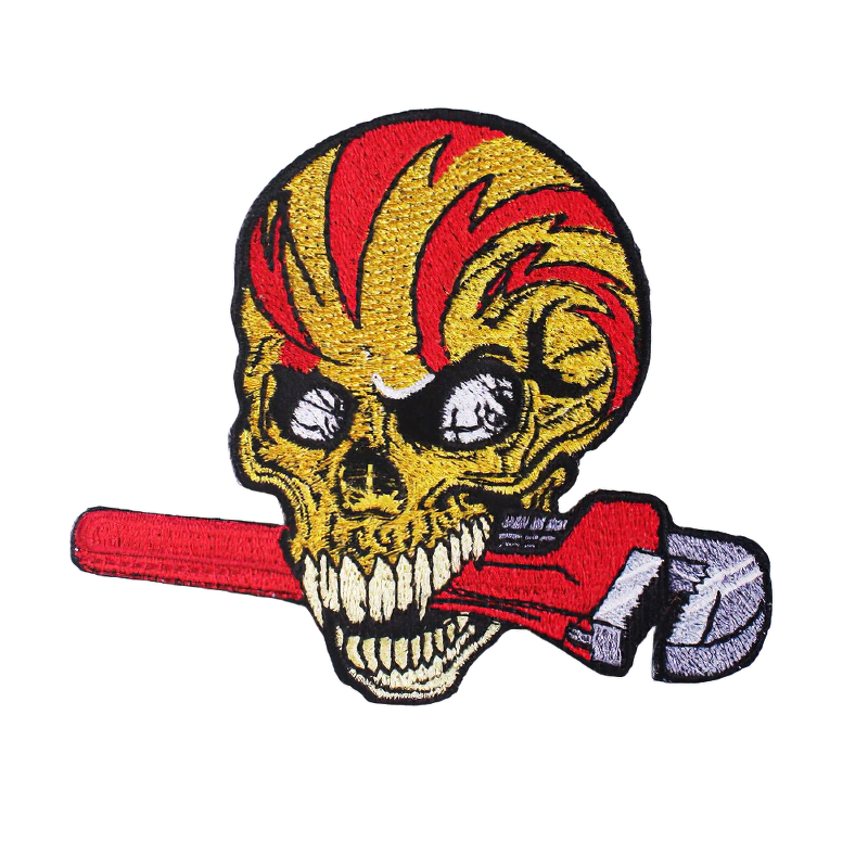 Stylish unisex patch featuring a skull with an adjustable wrench in its teeth, perfect for rock style accessories.